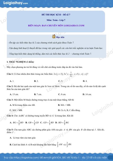 Đề thi học kì 2 Toán 7 - Đề số 7